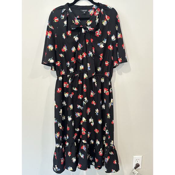 Ralph Lauren Dress Womens Sz 12 Black Floral Crepe Ruffles Tie Neck 2008 - Picture 2 of 10